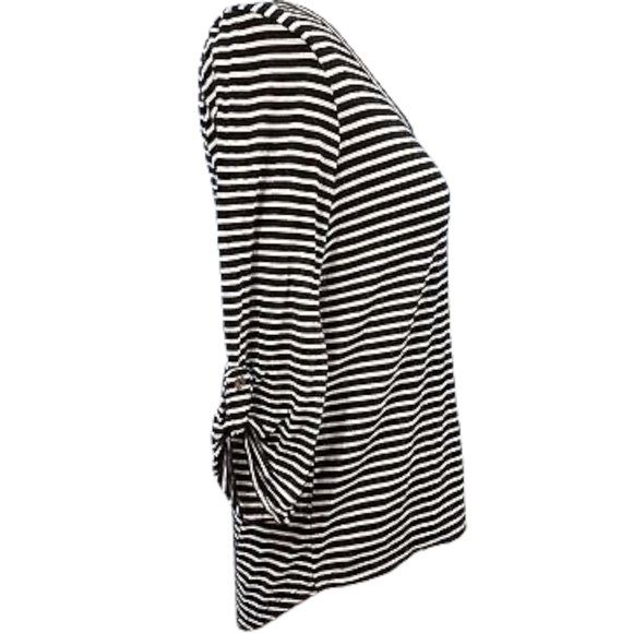 Flashmob size large black/white striped shirt 3/4 sleeve scoop neck curved hem - Picture 4 of 11